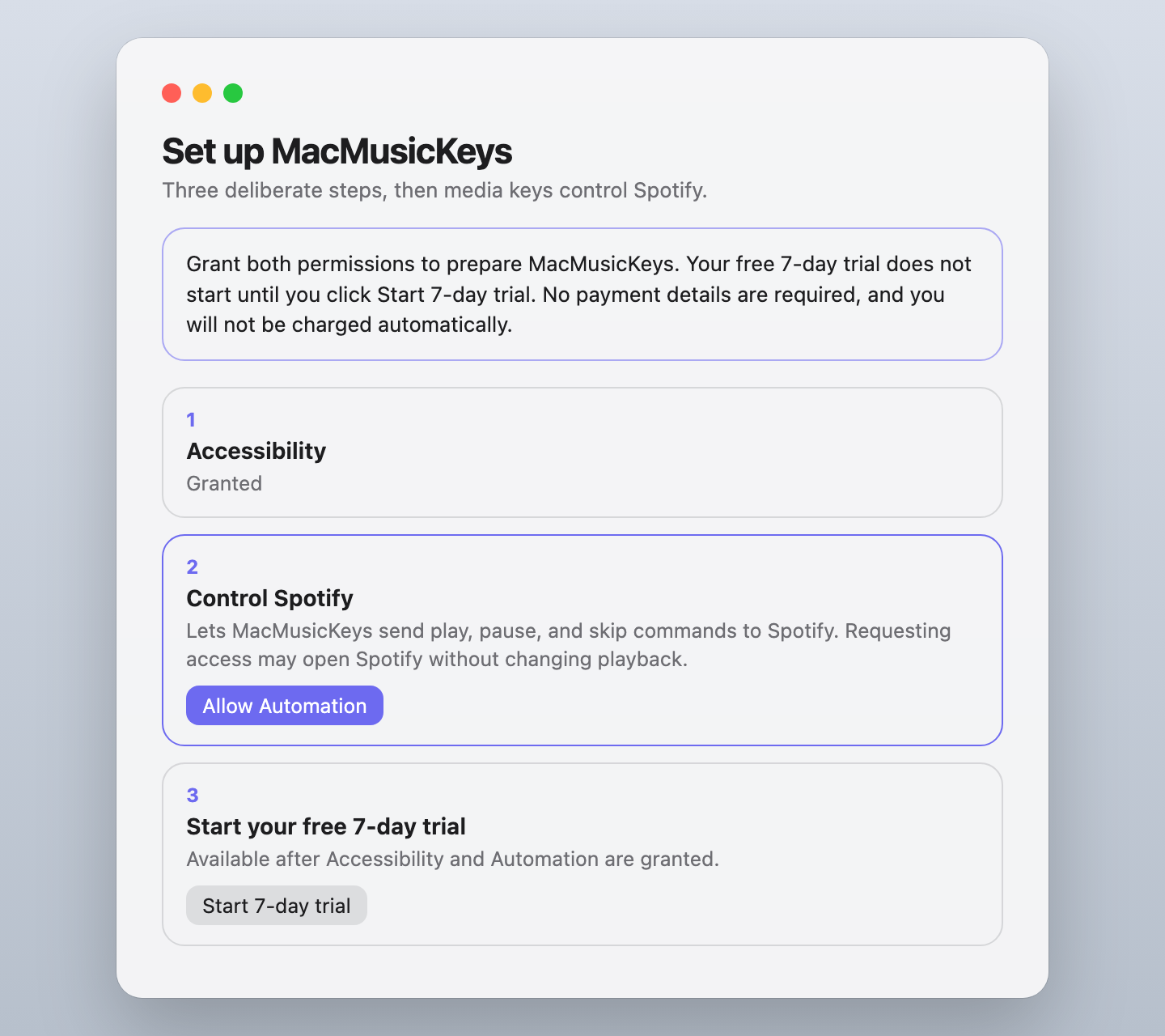 MacMusicKeys Access window with three setup steps: Accessibility granted, Control Spotify waiting for Automation, and Start 7-day trial locked